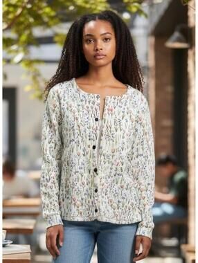 Womens Floral Button Front Cardigan Lightweight Long sl. top; boho/cottagecore